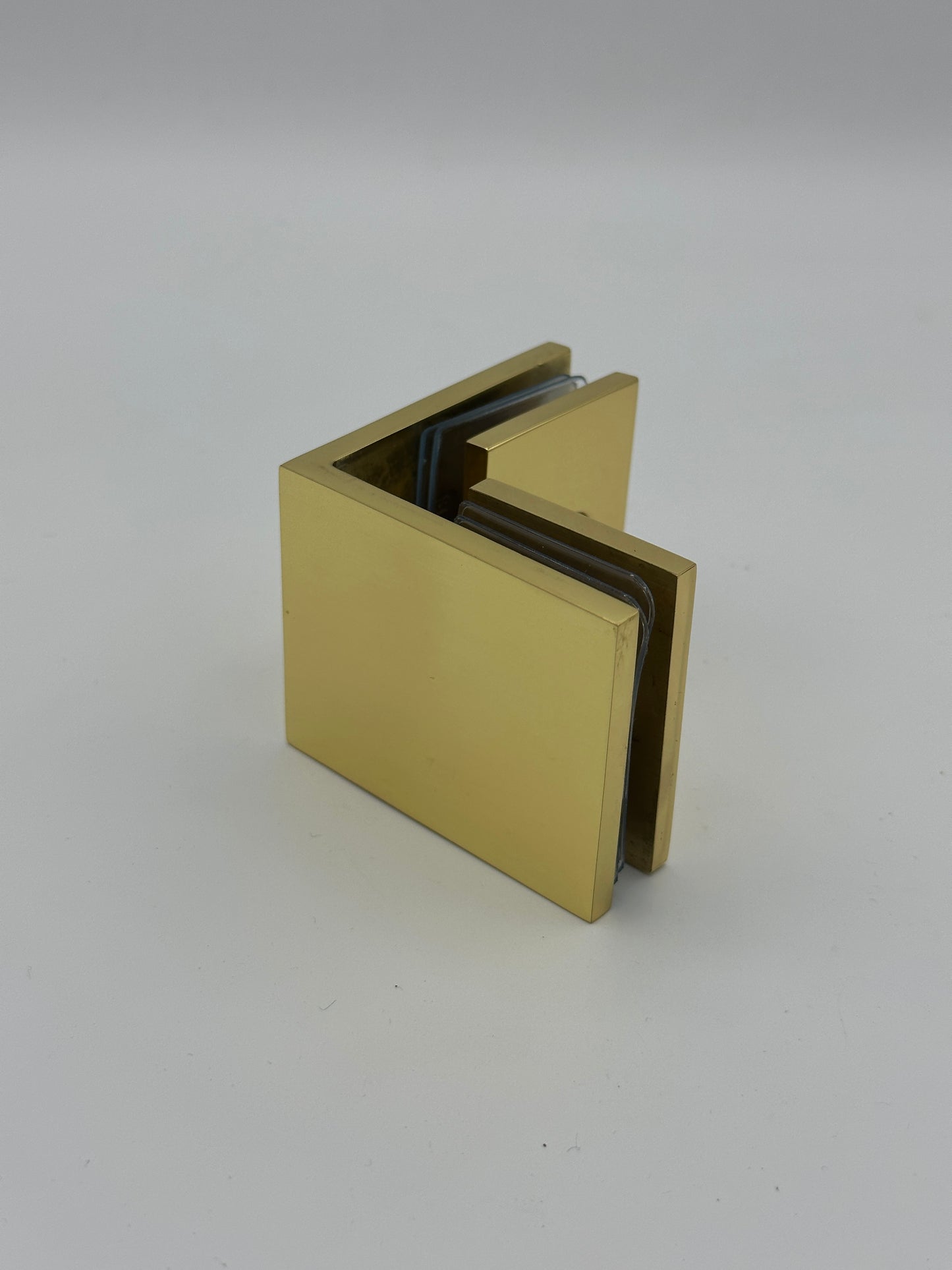 Square 90 Degree Glass to Glass Clamp - Hole in Glass - 10mm and 12mm Glass - POLISHED BRASS