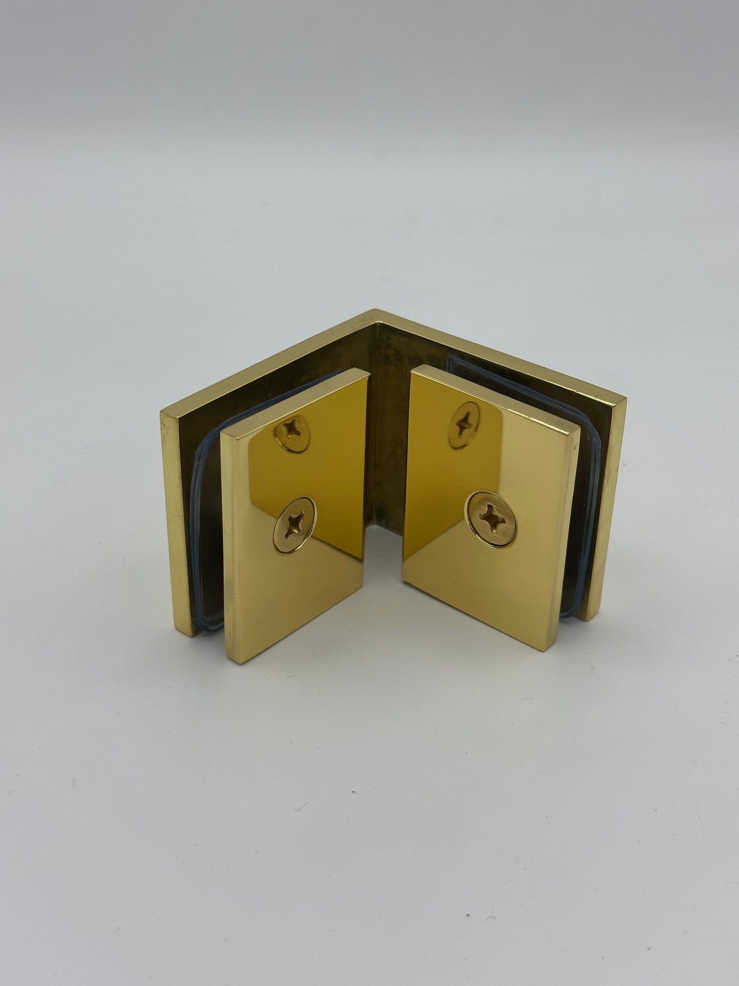 Square 90 Degree Glass to Glass Clamp - Hole in Glass - 10mm and 12mm Glass - POLISHED BRASS