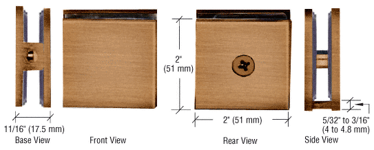 Square Style Fixed Panel U Clamp - Glass Clamp - 8mm to 12mm Glass - Antique Brass
