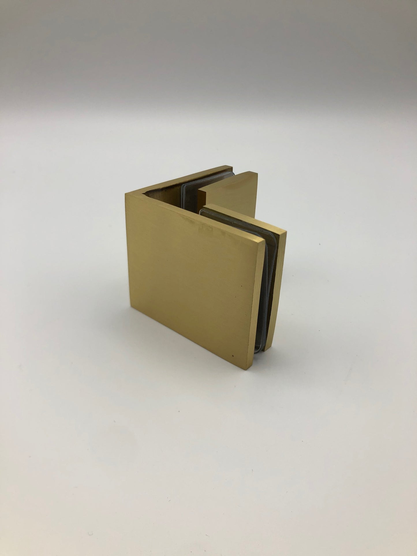 Square 90 Degree Glass to Glass Clamp - Hole in Glass - 10mm and 12mm Glass - SATIN BRASS
