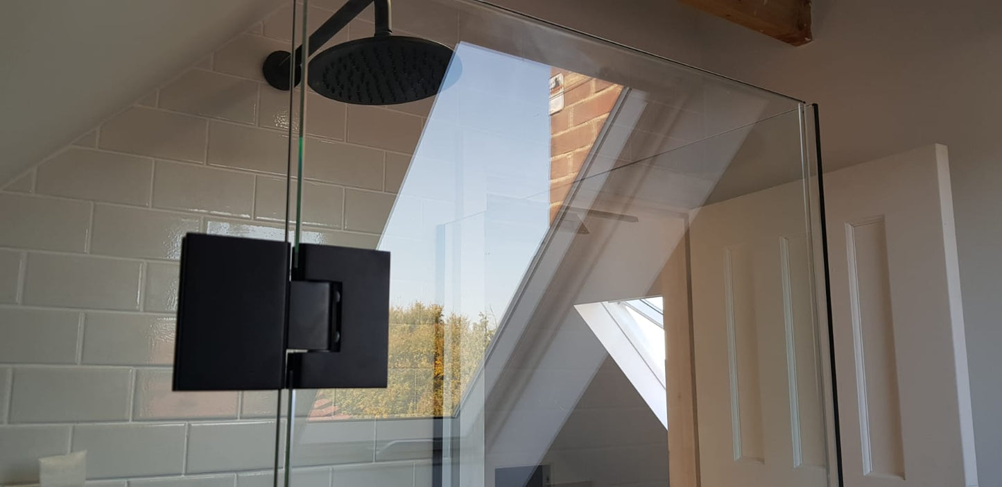 matte black glass to glass hinge in situ