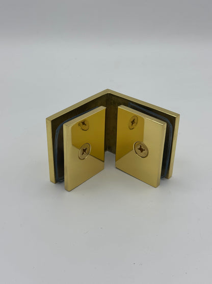 Square 90 Degree Glass to Glass Clamp - Hole in Glass - 10mm and 12mm Glass - POLISHED BRASS