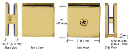 Square Style Fixed Panel U Clamp - Glass Clamp - 8mm to 12mm Glass - Satin Brass