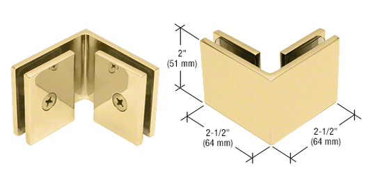 Square 90 Degree Glass to Glass Clamp - Hole in Glass - 10mm and 12mm Glass - POLISHED BRASS