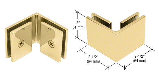 Square 90 Degree Glass to Glass Clamp - Hole in Glass - 10mm and 12mm Glass - POLISHED BRASS