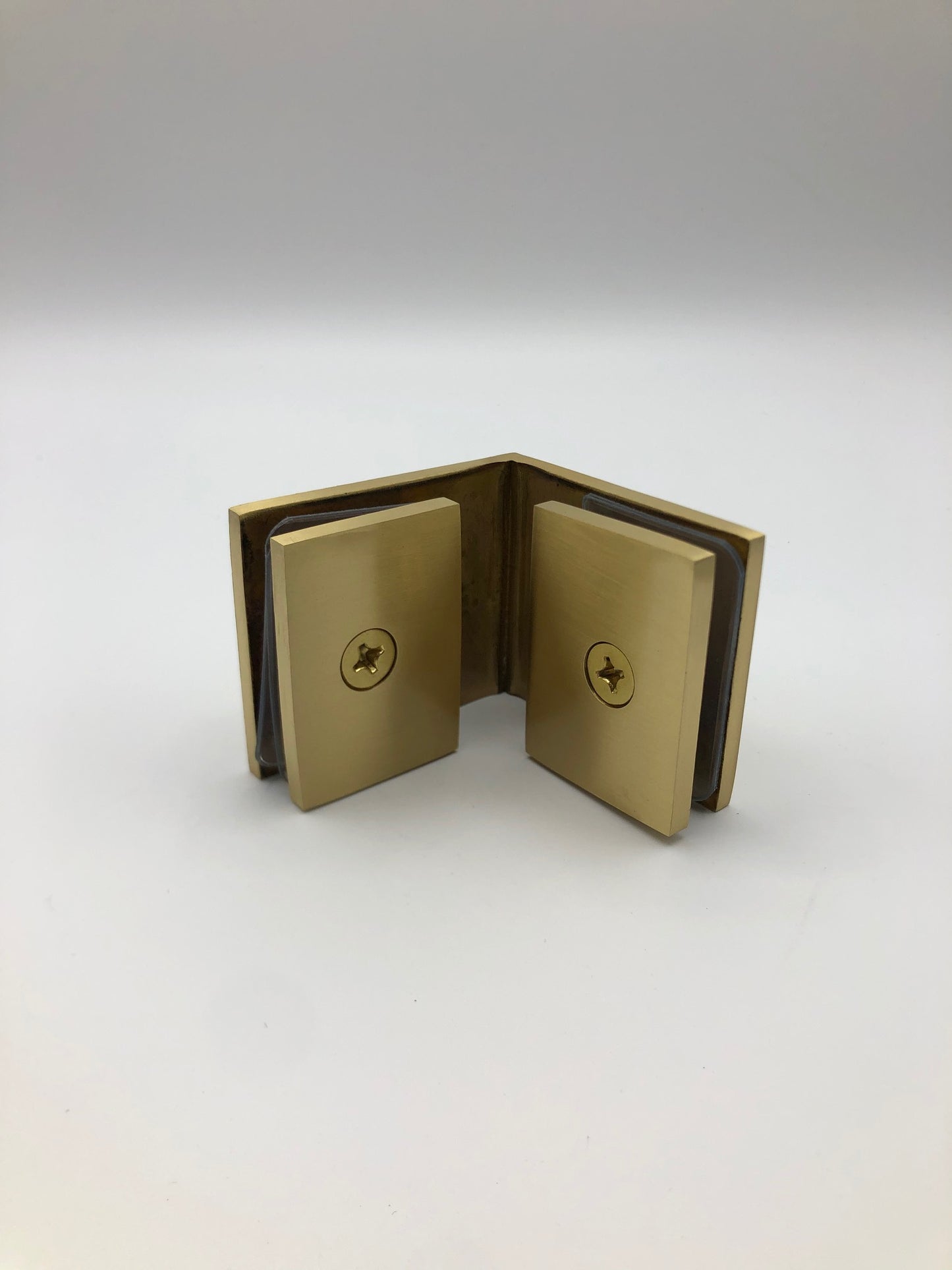 Square 90 Degree Glass to Glass Clamp - Hole in Glass - 10mm and 12mm Glass - SATIN BRASS