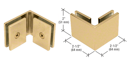 Square 90 Degree Glass to Glass Clamp - Hole in Glass - 10mm and 12mm Glass - SATIN BRASS
